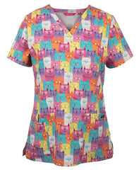 JB's LADIES SCRUB TOP PRINTED RAINING CATS & DOGS - 4STP1