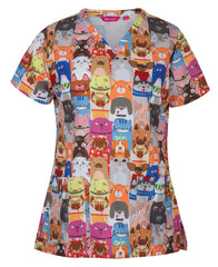 JB's LADIES SCRUB TOP PRINTED RAINING CATS & DOGS - 4STP1