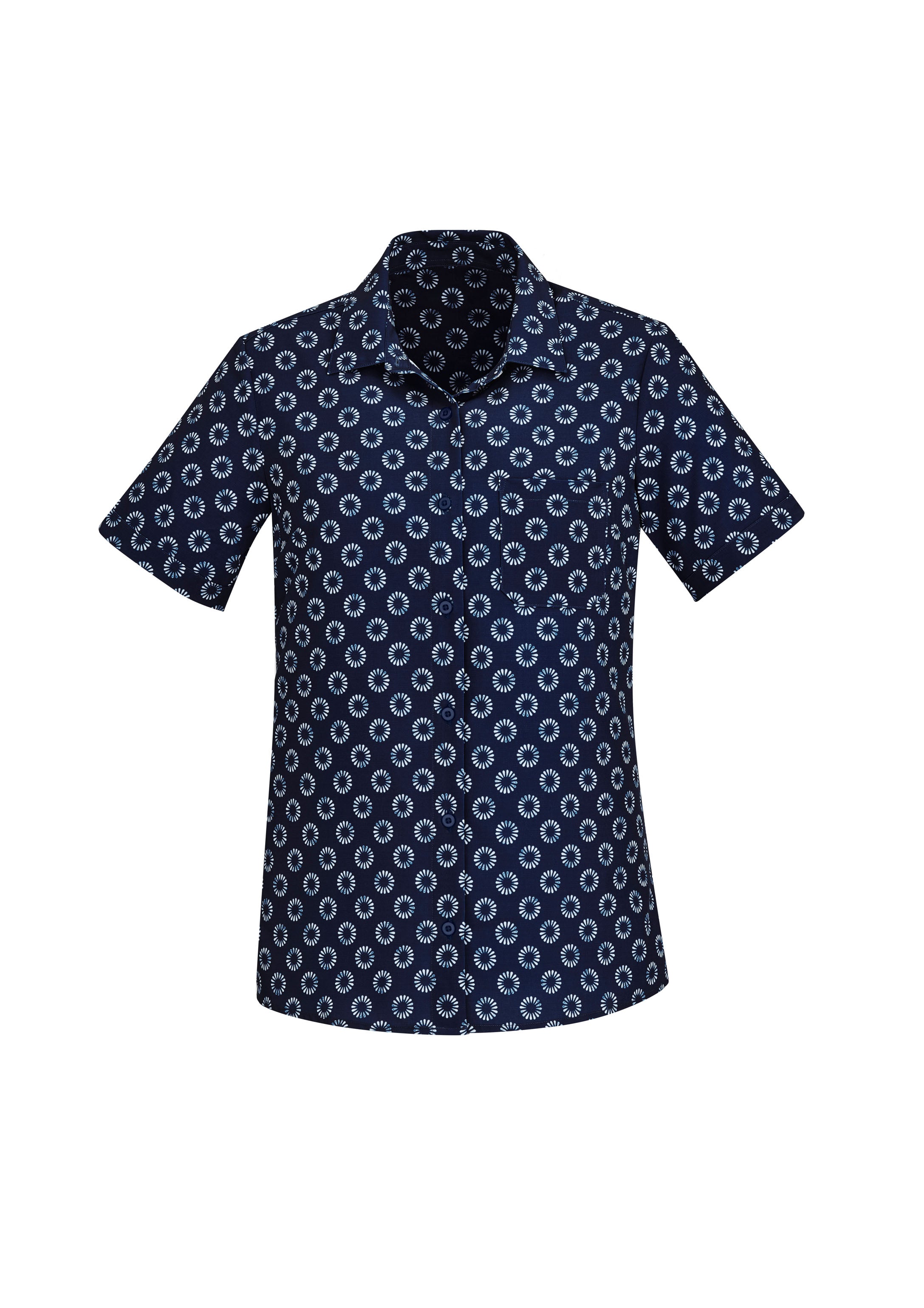 Biz Collection CS948LS Florence Womens Daisy Print Short Sleeve Shirt in Navy