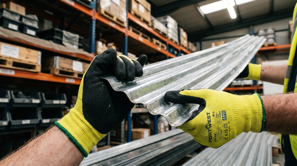 AI-generated lifestyle photo of two warehouse workers wearing Portwest cut-resistant gloves while handling corrugated metal sheeting