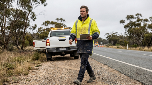 AI-generated lifestyle photo of a road worker wearing a Portwest/Huski Day/Night-rated hi-vis rain jacket at a rural Australian roadside worksite