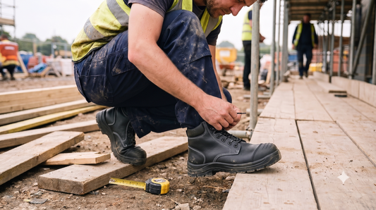 AI-generated lifestyle photo of a construction worker tying a Portwest safety boot lace on a scaffolding plank