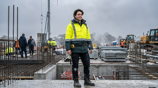 Tradesperson wearing the Huski Hi-Vis Contrast Freezer Jacket K8044 on an Australian construction site in winter