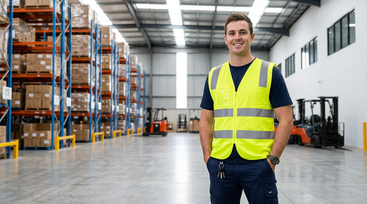 AI-generated lifestyle image of a warehouse worker wearing the Hi-Vis Zip Vest ZV998, Galaxy Apparel Australia