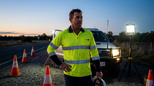 AI-generated lifestyle photo of a road worker wearing a Day/Night-rated hi-vis polo with reflective tape, at a roadside worksite at dusk