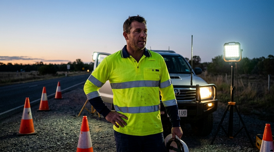AI-generated lifestyle photo of a road worker wearing a Day/Night-rated hi-vis polo with reflective tape, at a roadside worksite at dusk