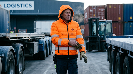 AI-generated lifestyle image of a logistics worker wearing the Hi-Vis Ultrasonic Heated Tunnel Jacket S548, Galaxy Apparel Australia's best-selling product