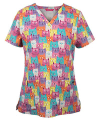 JB's LADIES SCRUB TOP PRINTED RAINING CATS & DOGS   - 4STP1