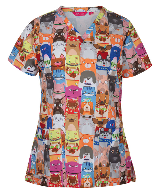 JB's LADIES SCRUB TOP PRINTED RAINING CATS & DOGS   - 4STP1