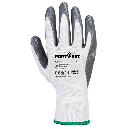 Portwest A310 Flexo Grip Nitrile Glove in Grey/White - back view