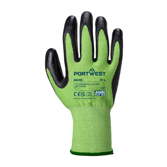 Portwest A645 Green Cut Glove - Nitrile Foam in Green/Black - back view