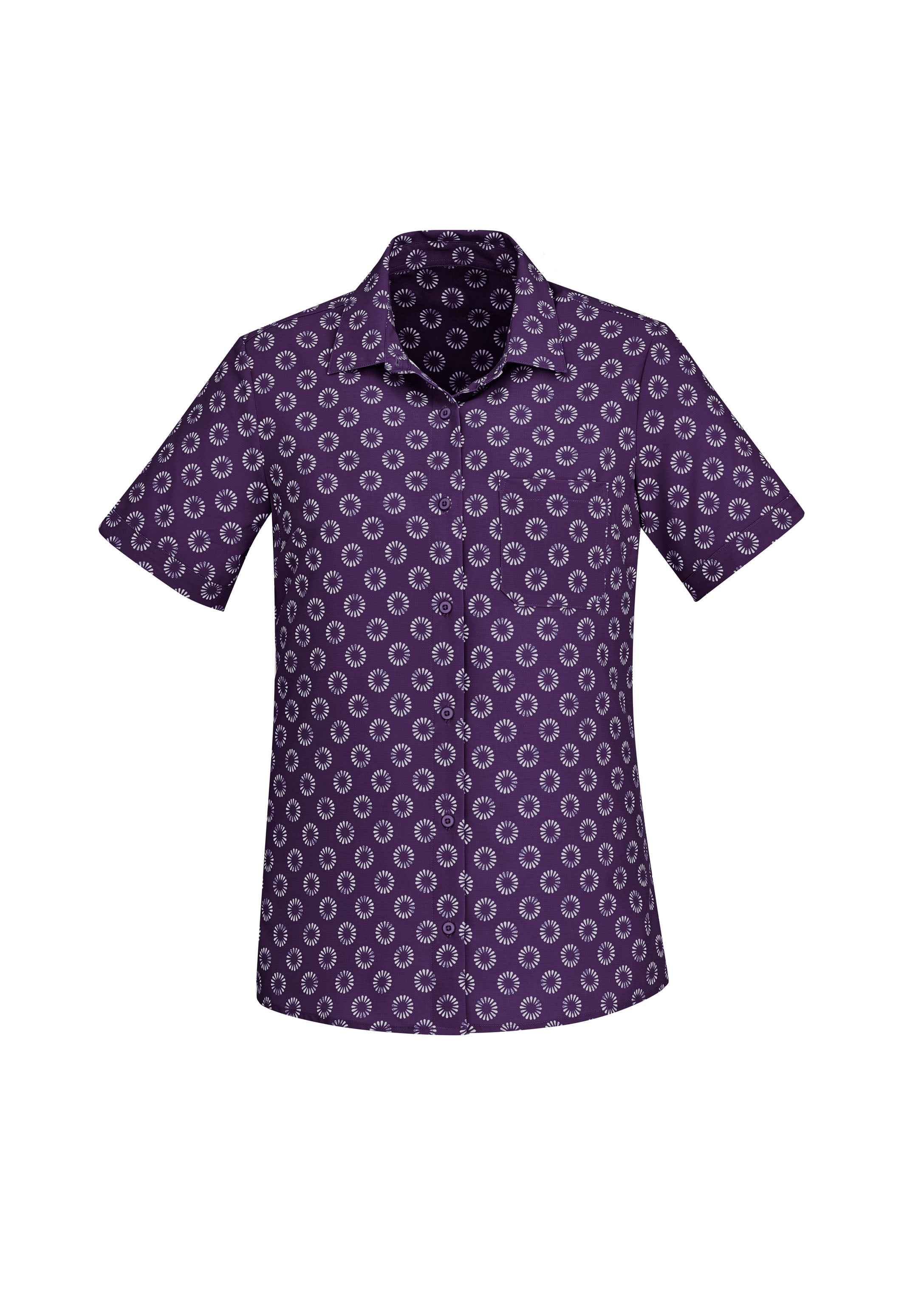 Biz Collection CS948LS Florence Womens Daisy Print Short Sleeve Shirt in Purple