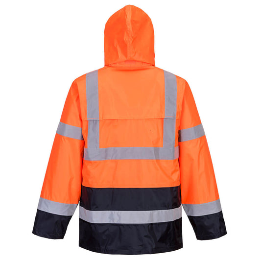 Portwest H443 Hi-Vis Contrast Rain Traffic Jacket in Orange/Navy - back view