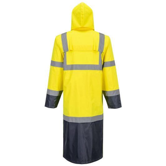 Portwest H446 Hi-Vis Contrast Raincoat 122cm in Yellow/Navy - back view