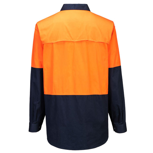 Portwest MC801 Canberra Hi-Vis Lightweight Contrast 1/2 Button Class D Shirt L/S in Orange/Navy - back view