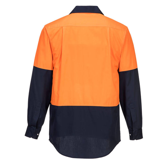 Portwest MF150 Westport Hi-Vis Lightweight Contrast Class D Shirt L/S in Orange/Navy - back view