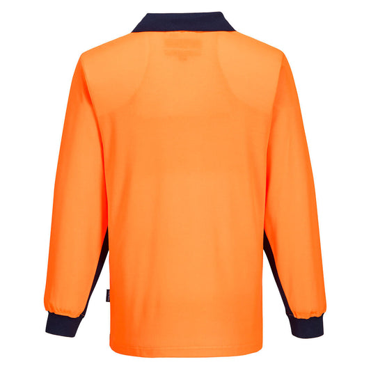 Portwest MF213 Hi-Vis Cotton Comfort Contrast Class D Polo Shirt L/S in Orange/Navy - back view