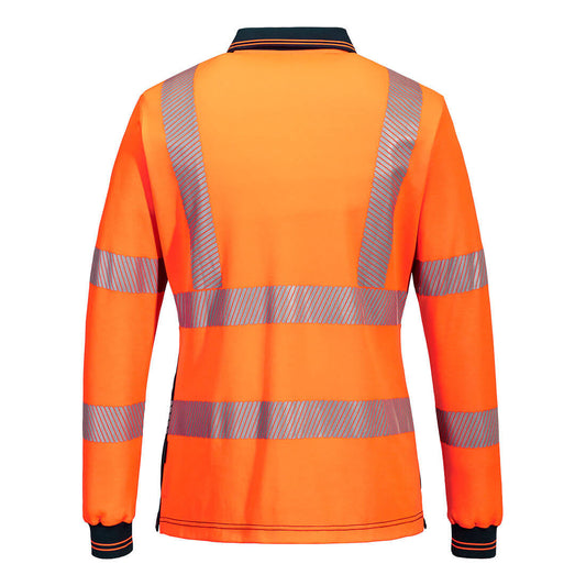 Portwest ML212 Hi-Vis Women's Cotton Comfort Polo Shirt L/S in Orange/Navy - back view