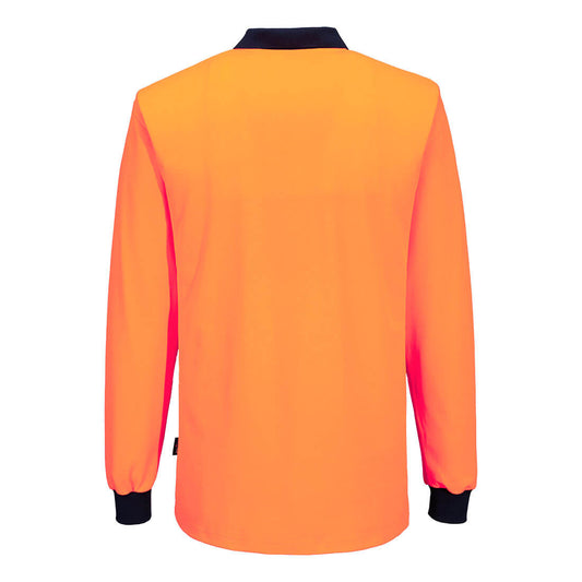 Portwest MP414 Hi-Vis Cotton Comfort Contrast Class D Polo Shirt L/S in Orange/Navy - back view