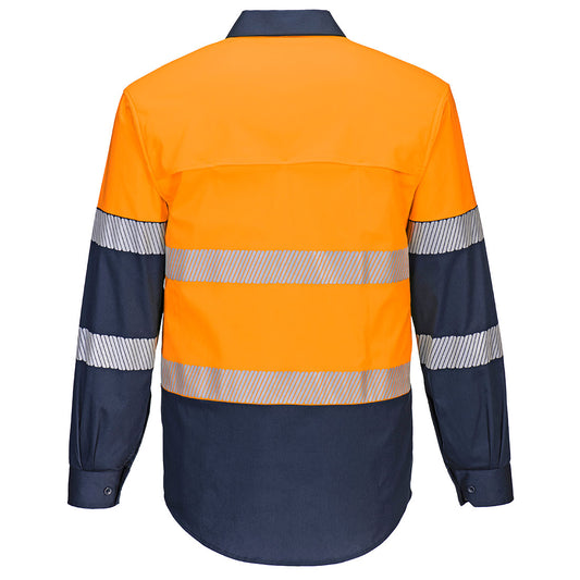 Portwest MS105 Hi-Vis Stretch Contrast Shirt L/S in Orange/Navy - back view