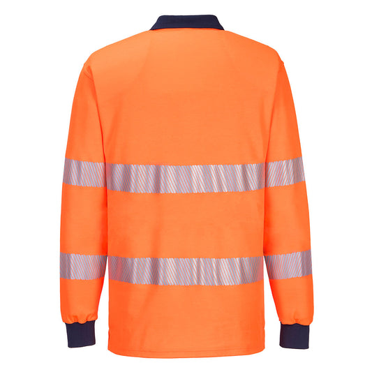Portwest T186 PW3 Hi-Vis Polo Shirt L/S in Orange/Navy - back view