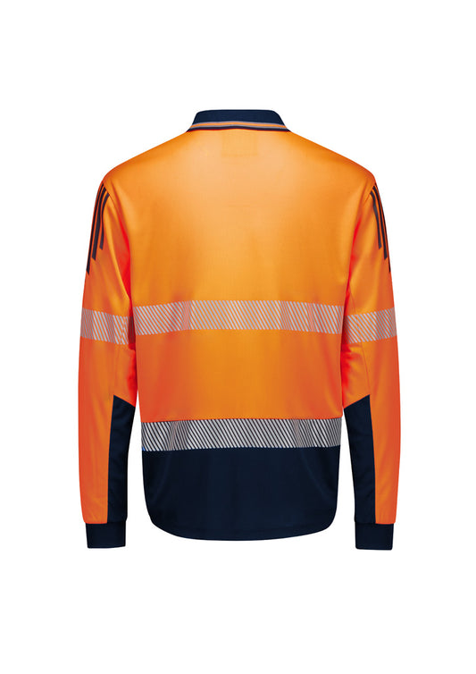 Syzmik ZH550 Mens Hi Vis Flux Segmented Tape Long Sleeve Polo in Orange/Navy - back view