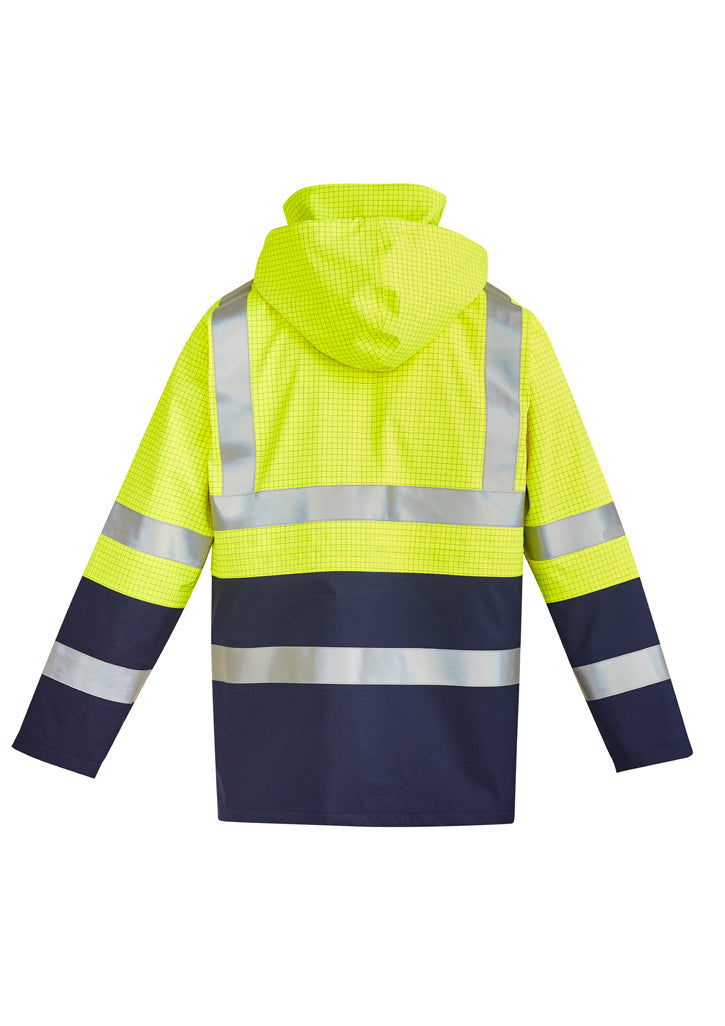 Syzmik ZJ900 Mens Orange Flame Arc Rated Antistatic Waterproof Jacket in Yellow/Navy - back view