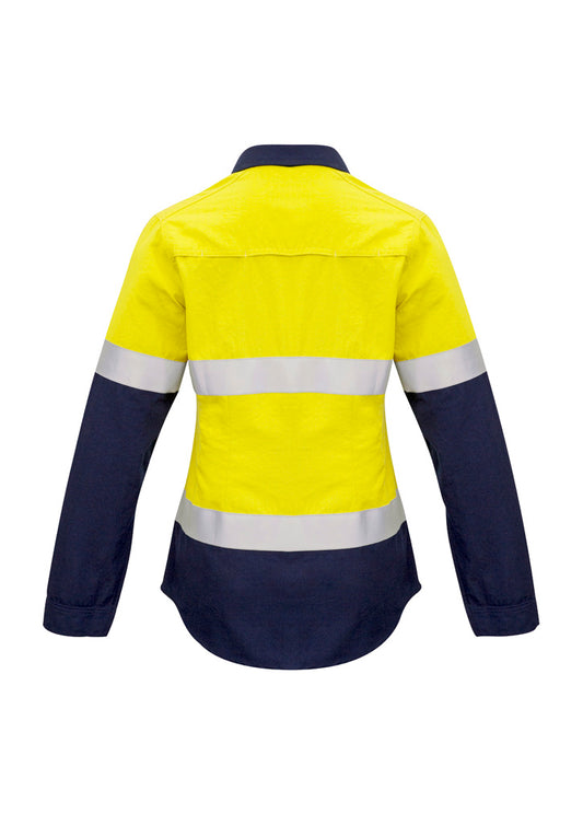 Syzmik ZW131 Womens FR Closed Front Hooped Taped Spliced Shirt in Yellow/Navy - back view