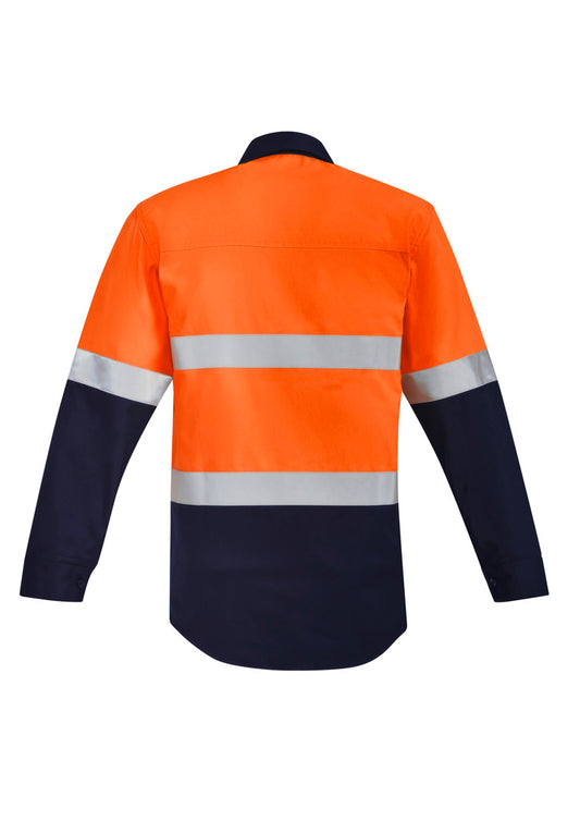 Syzmik ZW140 Mens Orange Flame Hi Vis Open Front Spliced Shirt - Hoop Taped in Orange/Navy - back view