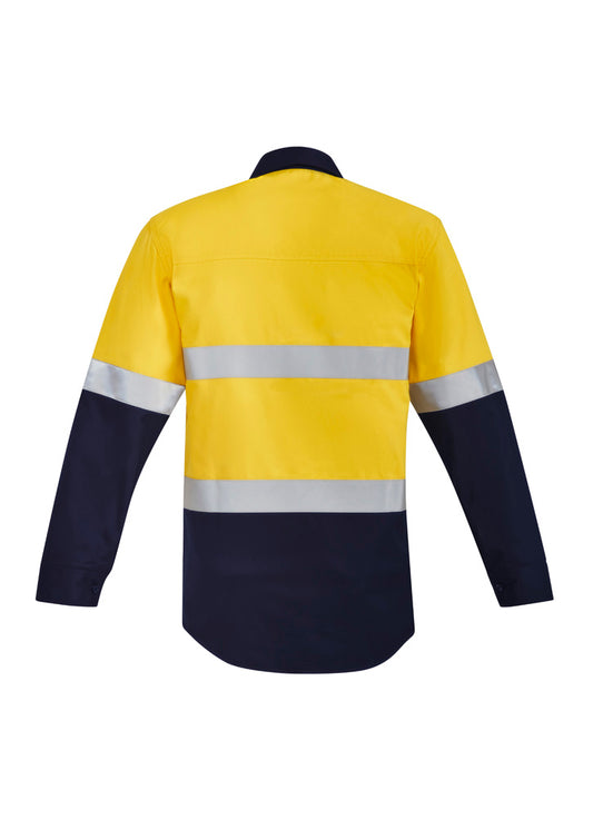 Syzmik ZW143 Mens Orange Flame Hi Vis Closed Front Shirt - Hoop Taped in Yellow/Navy - back view