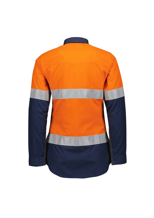 Syzmik ZW170 Womens Orange Flame Lightweight Ripstop Taped Shirt in Orange/Navy - back view