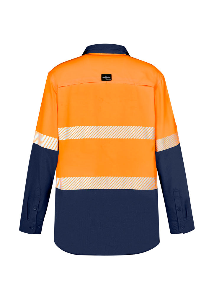 Syzmik ZW470 Mens Hi Vis Outdoor Segmented Tape Long Sleeve Shirt in Orange/Navy - back view