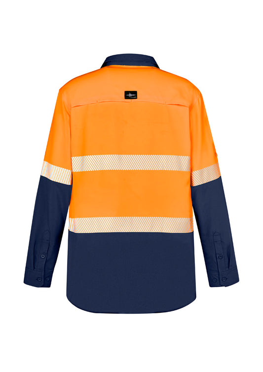 Syzmik ZW470 Mens Hi Vis Outdoor Segmented Tape Long Sleeve Shirt in Orange/Navy - back view