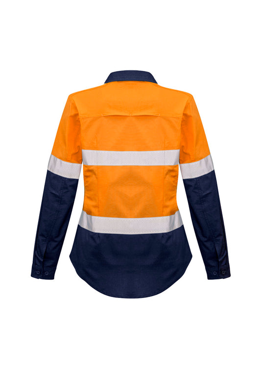 Syzmik ZW720 Womens Rugged Cooling Hi Vis Taped Long Sleeve Shirt in Orange/Navy - back view